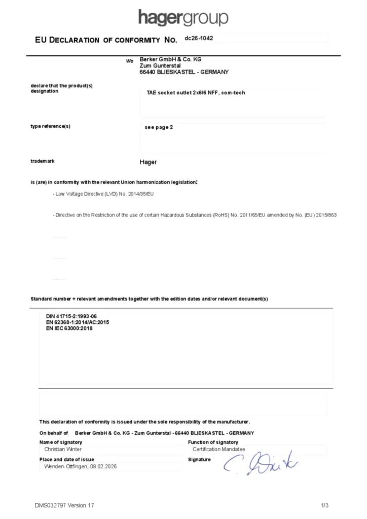 Bild Konformitätserklärung en-GB 2026-02-19 | Hager Deutschland