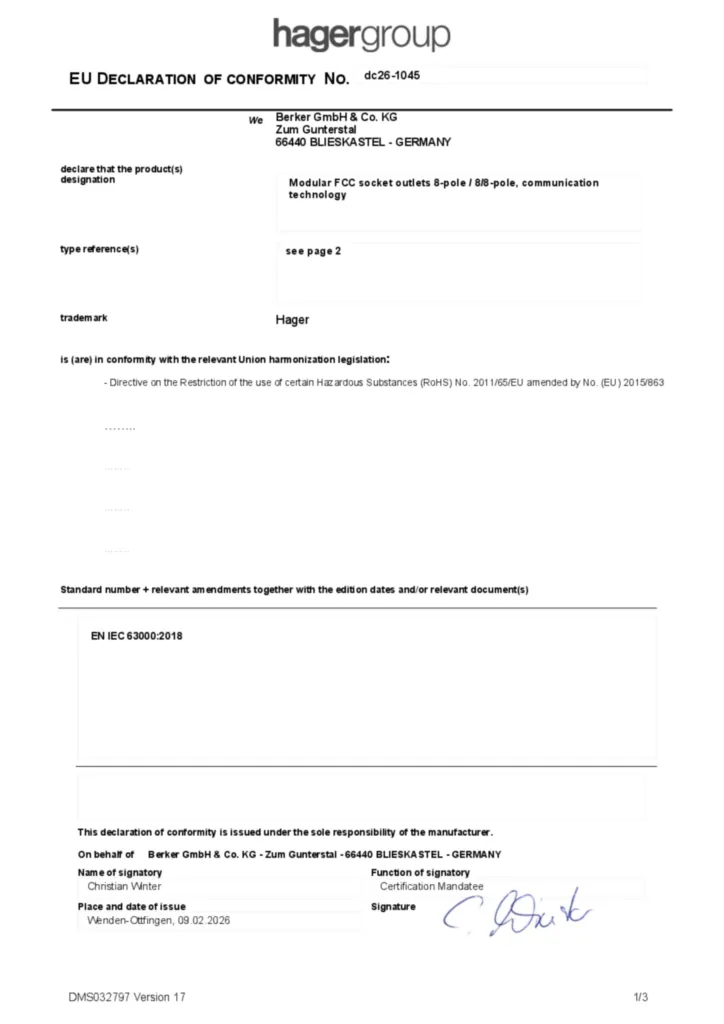 Image Déclaration de conformité en-GB 2026-02-20 | Hager Belgique