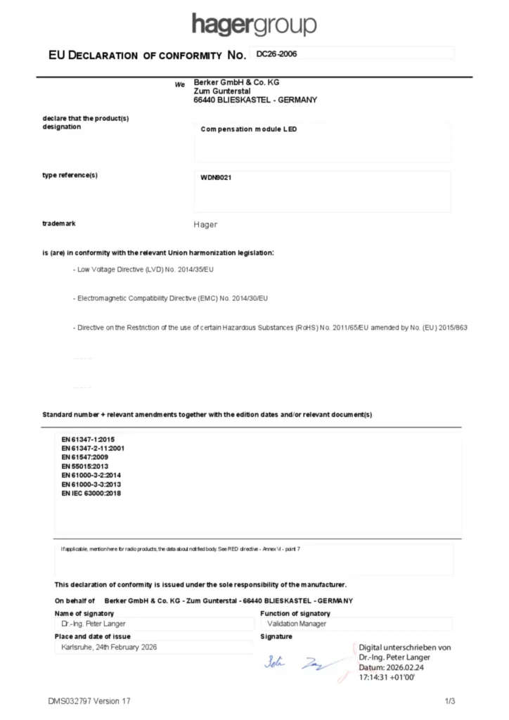 Bild EU Declaration of Conformity | Hager Deutschland