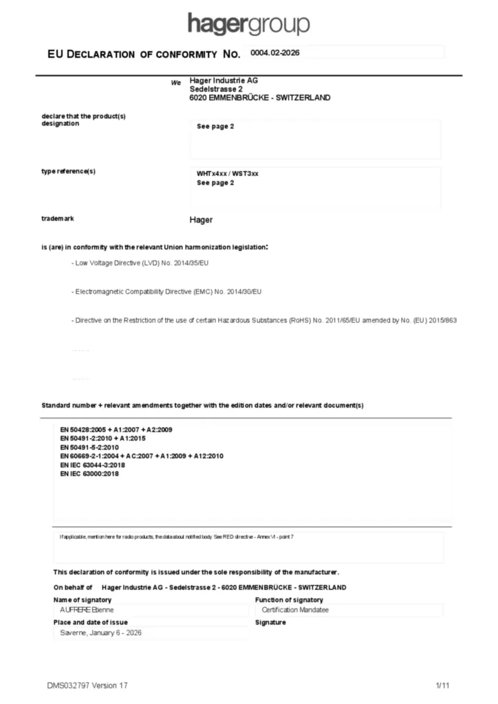 Image Déclaration de conformité en-GB 2026-02-06 | Hager Suisse