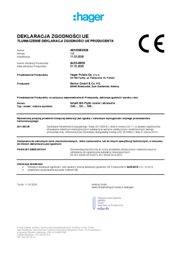 Zdjęcie Dane techniczne - Deklaracja zgodności pl-PL 2026-03-11 | Hager Polska
