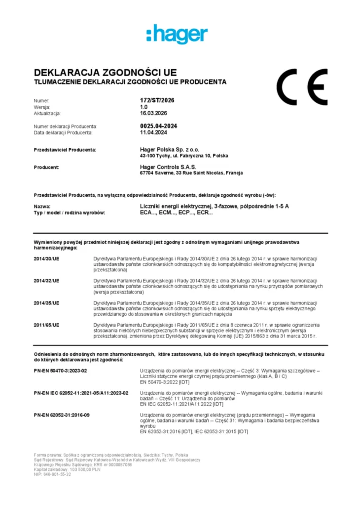Zdjęcie Dane techniczne - Deklaracja zgodności pl-PL 2026-03-16 | Hager Polska