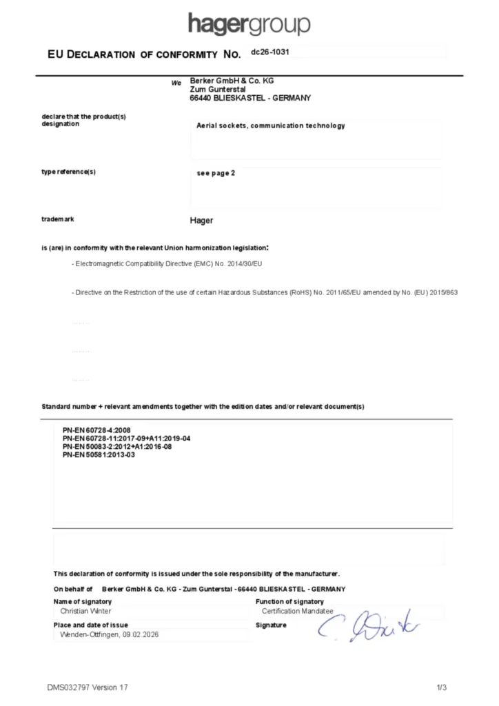 Zdjęcie Dane techniczne - Deklaracja zgodności en-GB 2026-02-20 | Hager Polska