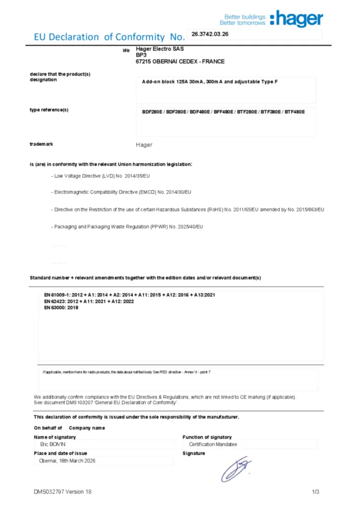 Image EU Declaration of Conformity | Hager France