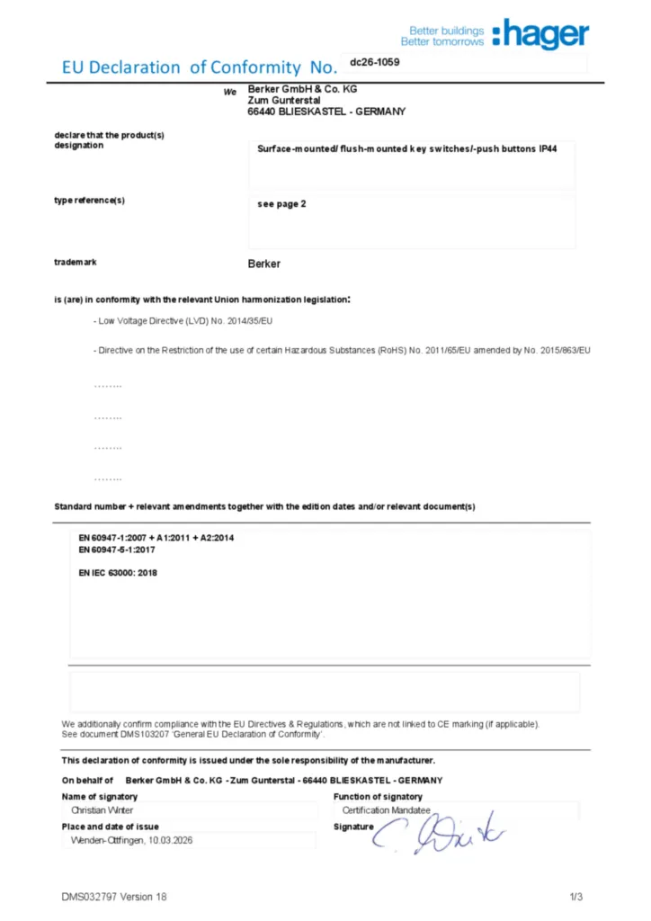 Bild Konformitätserklärung en-GB 2026-03-13 | Hager Deutschland