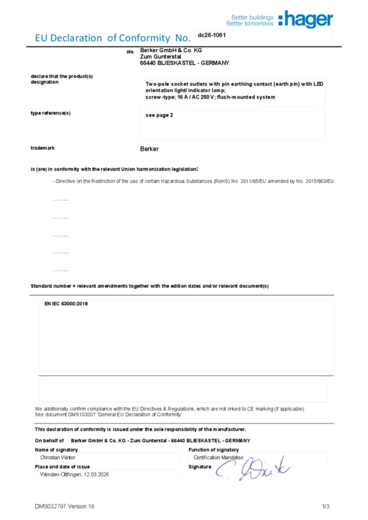 Zdjęcie Dane techniczne - Deklaracja zgodności en-GB 2026-03-13 | Hager Polska