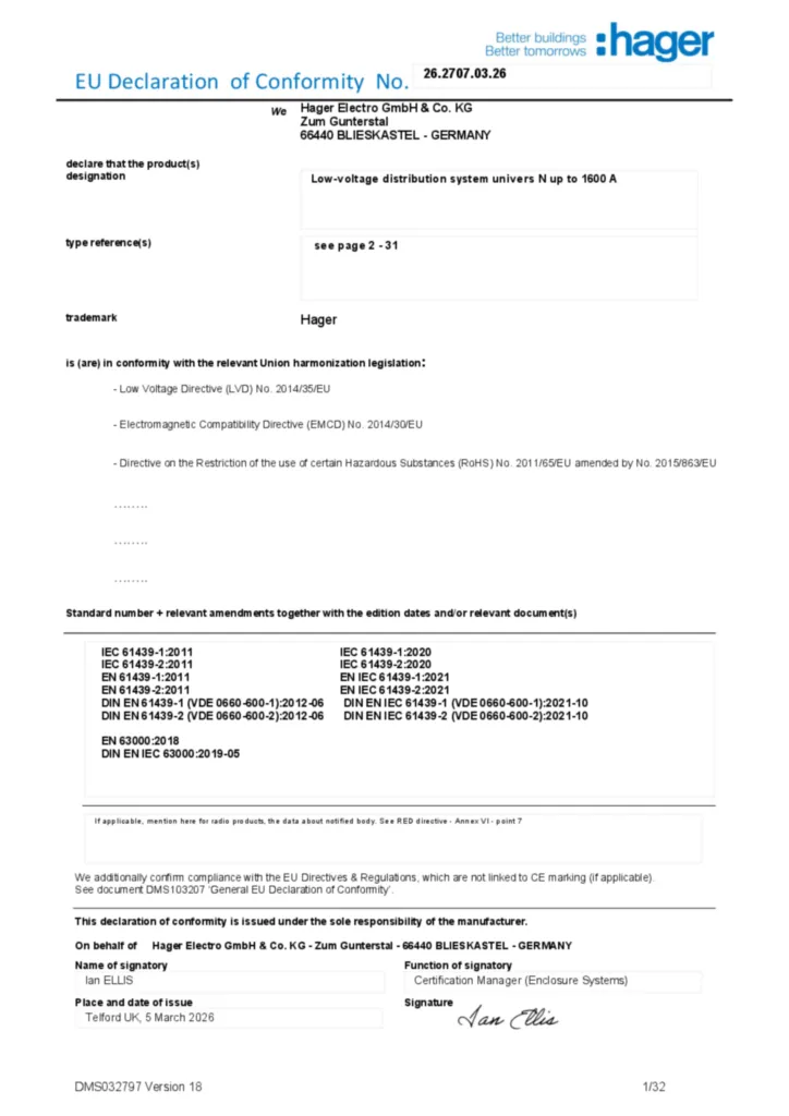 Afbeelding Conformiteitsverklaring en-GB 2026-03-06 | Hager Nederland