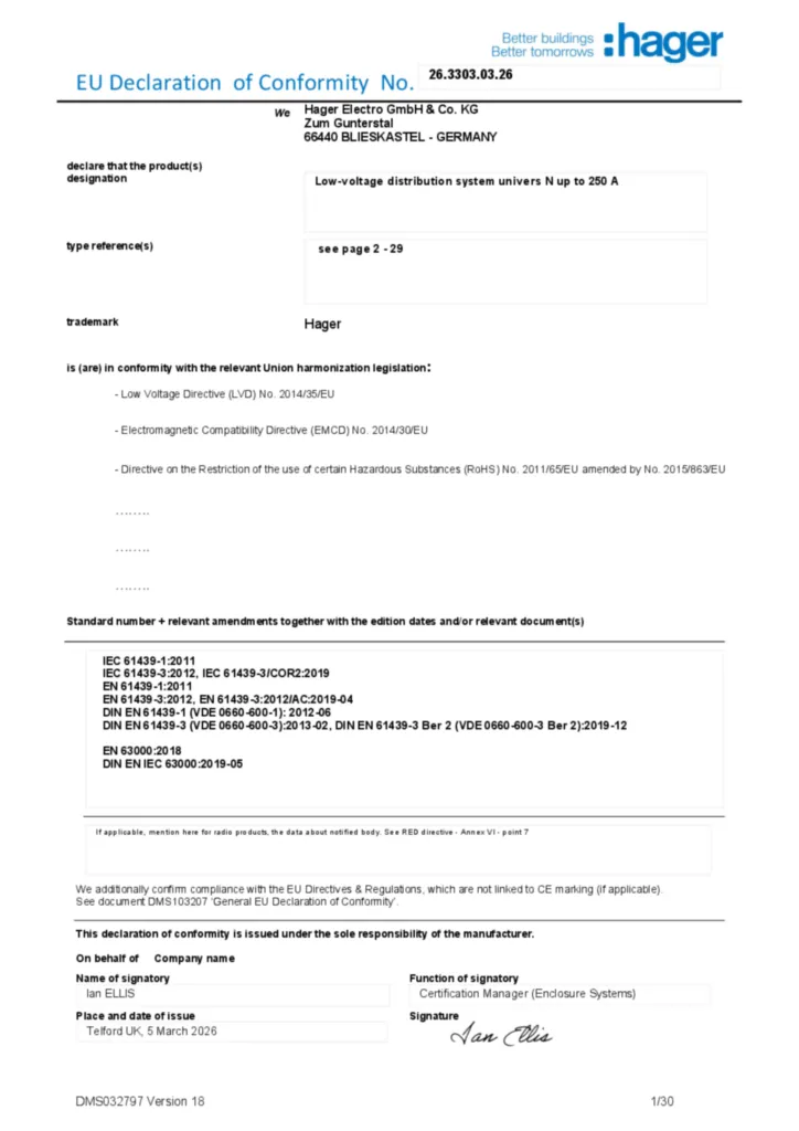 Afbeelding Conformiteitsverklaring en-GB 2026-03-06 | Hager Nederland