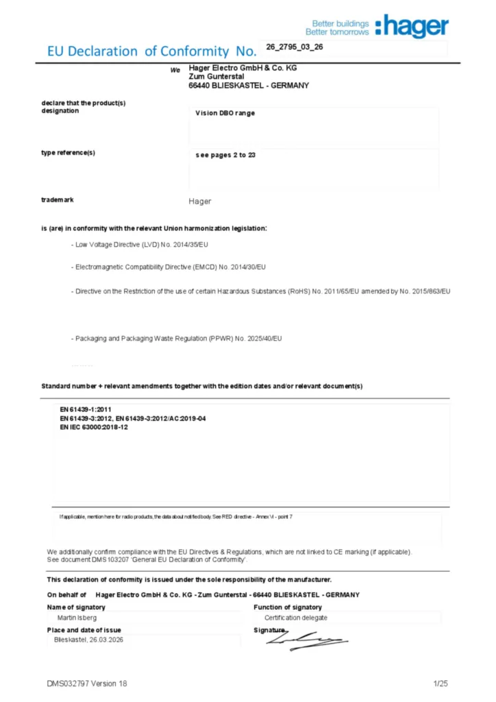 Afbeelding EU Declaration of Conformity | Hager Nederland