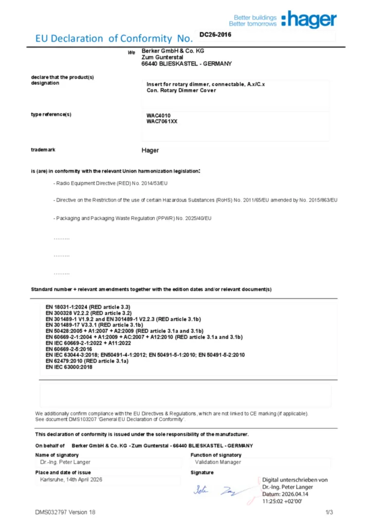 Zdjęcie EU Declaration of Conformity | Hager Polska