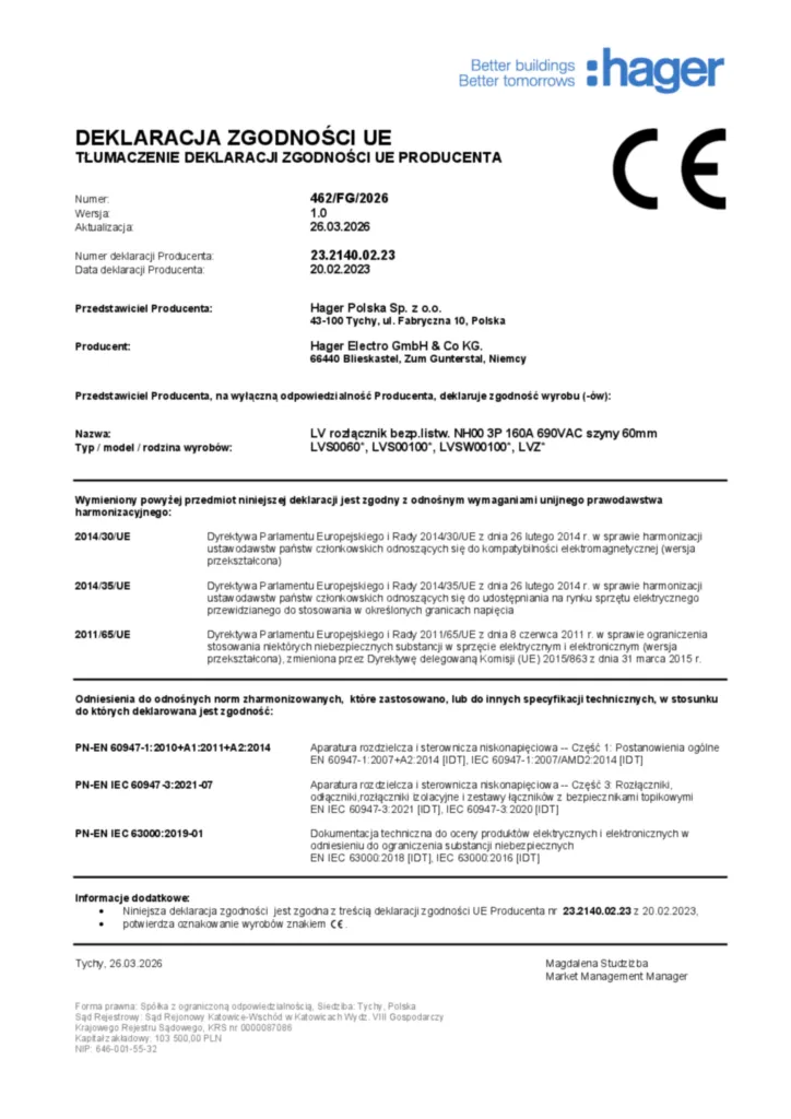 Zdjęcie Deklaracja zgodności UE | Hager Polska