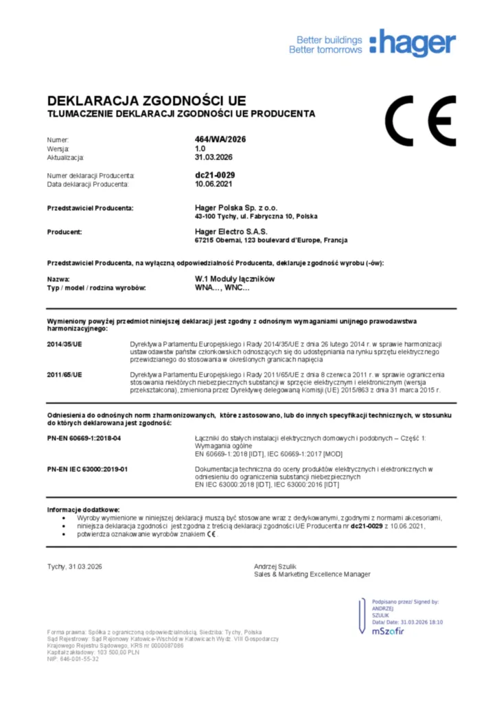 Afbeelding Conformiteitsverklaring pl-PL 2026-03-31 | Hager Nederland