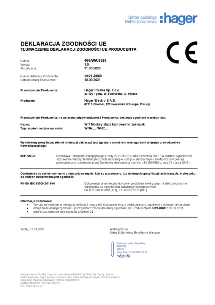 Zdjęcie Dane techniczne - Deklaracja zgodności pl-PL 2026-03-31 | Hager Polska