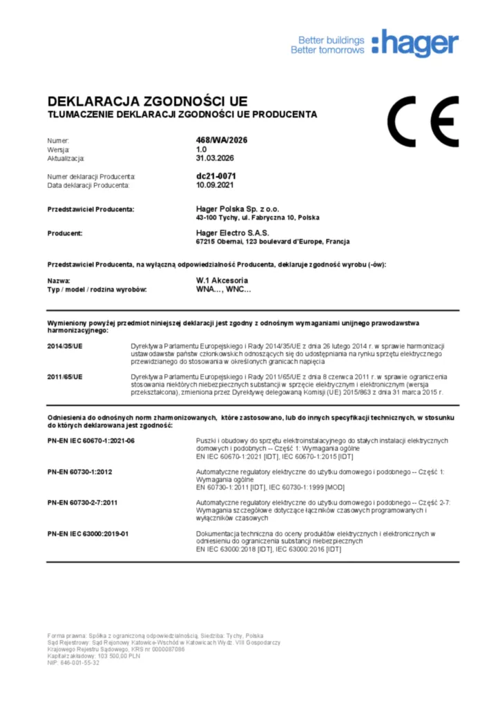 Zdjęcie Dane techniczne - Deklaracja zgodności pl-PL 2026-03-31 | Hager Polska