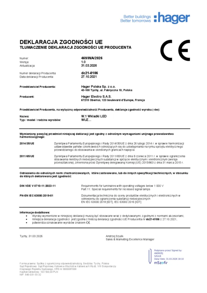 Zdjęcie Dane techniczne - Deklaracja zgodności pl-PL 2026-03-31 | Hager Polska