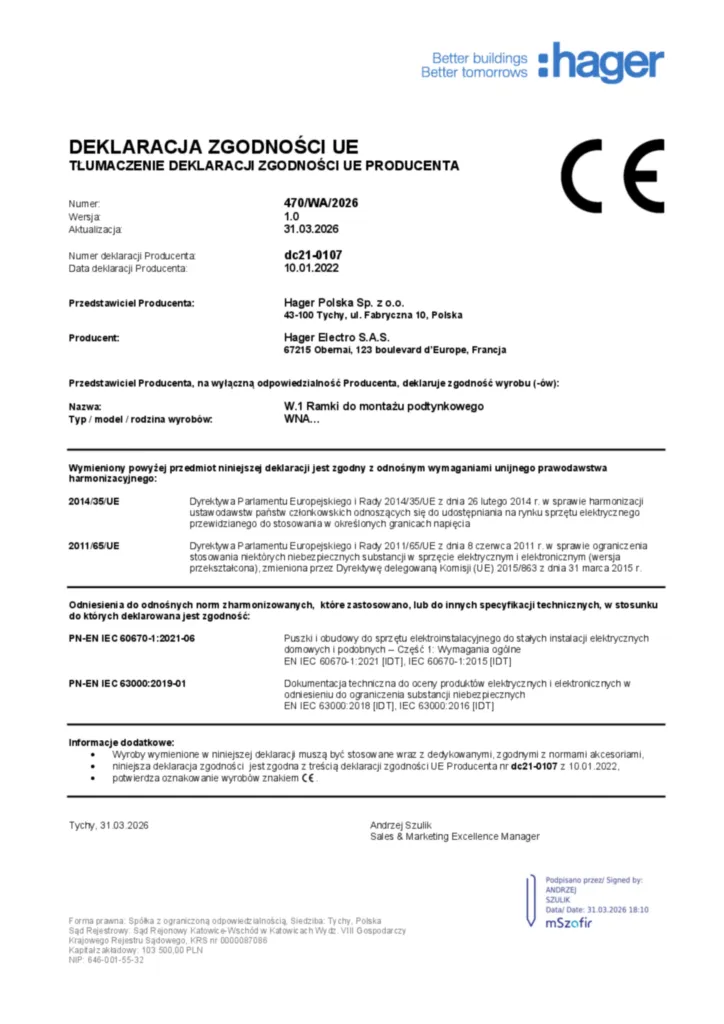 Zdjęcie Dane techniczne - Deklaracja zgodności pl-PL 2026-03-31 | Hager Polska