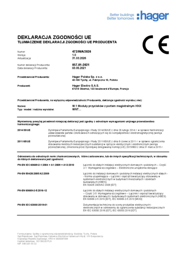 Zdjęcie Dane techniczne - Deklaracja zgodności pl-PL 2026-03-31 | Hager Polska