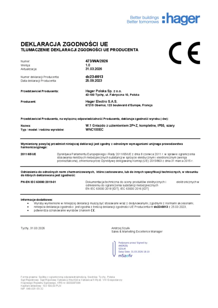Zdjęcie Dane techniczne - Deklaracja zgodności pl-PL 2026-03-31 | Hager Polska