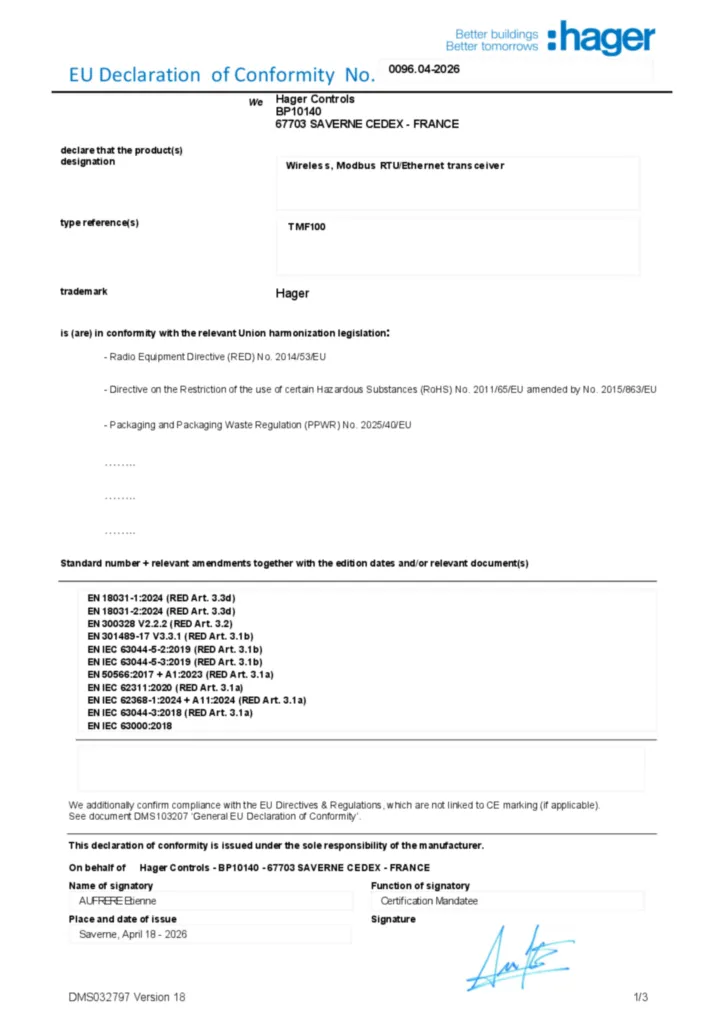 Afbeelding Conformiteitsverklaring en-GB 2026-04-17 | Hager Nederland