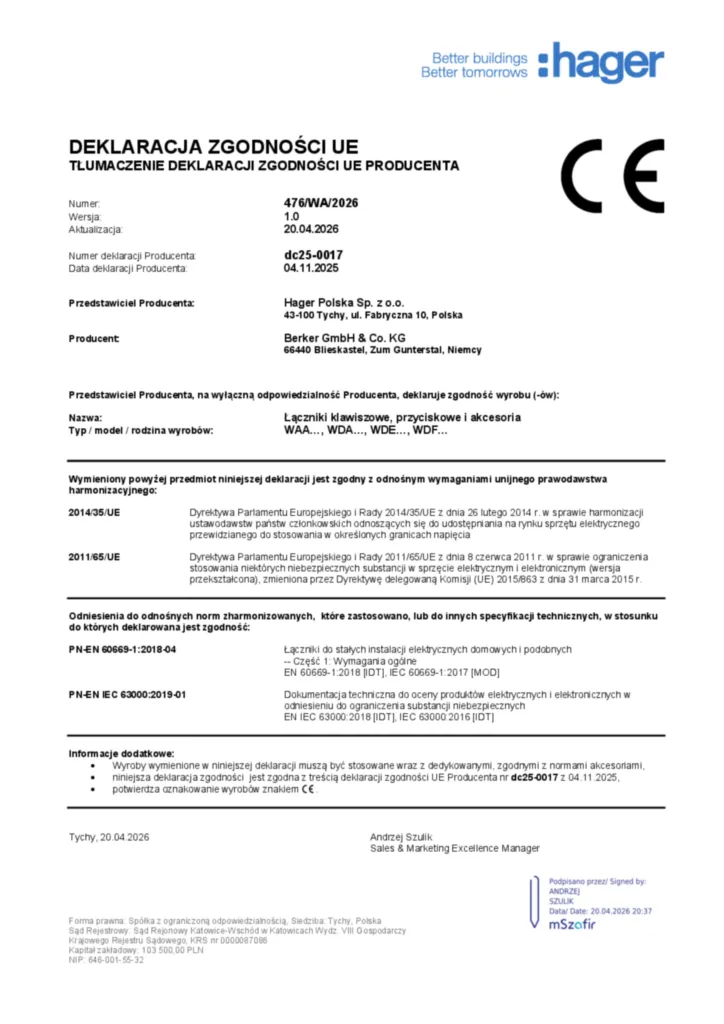 Immagine Dichiarazione di conformità pl-PL 2026-04-23 | Hager Italia