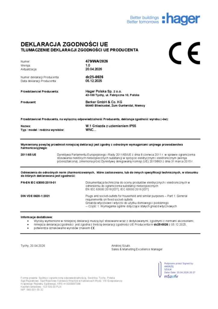 Zdjęcie Dane techniczne - Deklaracja zgodności pl-PL 2026-04-23 | Hager Polska