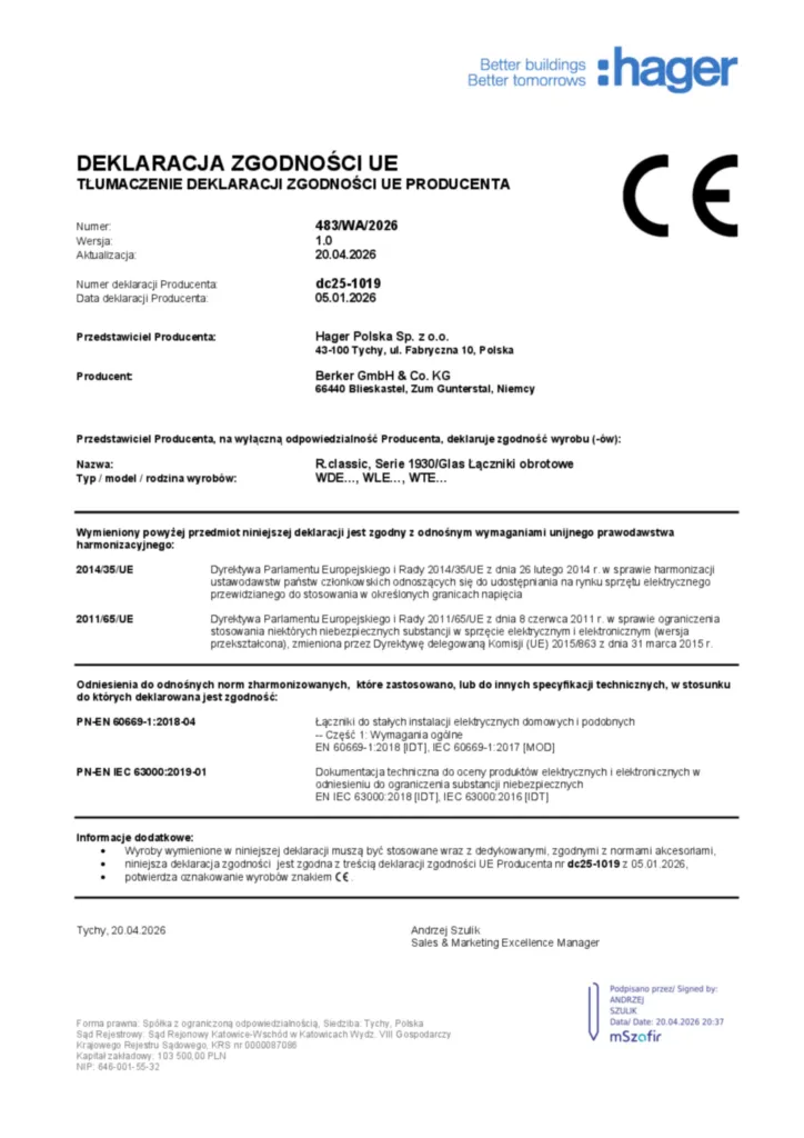 Afbeelding Conformiteitsverklaring pl-PL 2026-04-23 | Hager Nederland