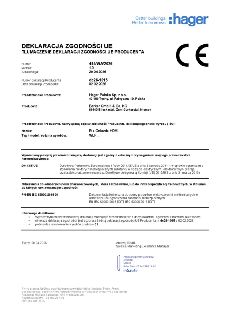 Immagine Dichiarazione di conformità pl-PL 2026-04-23 | Hager Italia