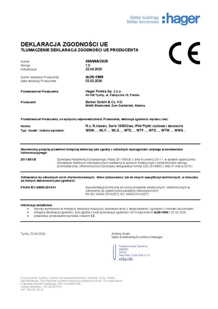 Imagen Declaración de conformidad pl-PL 2026-04-24 | Hager España