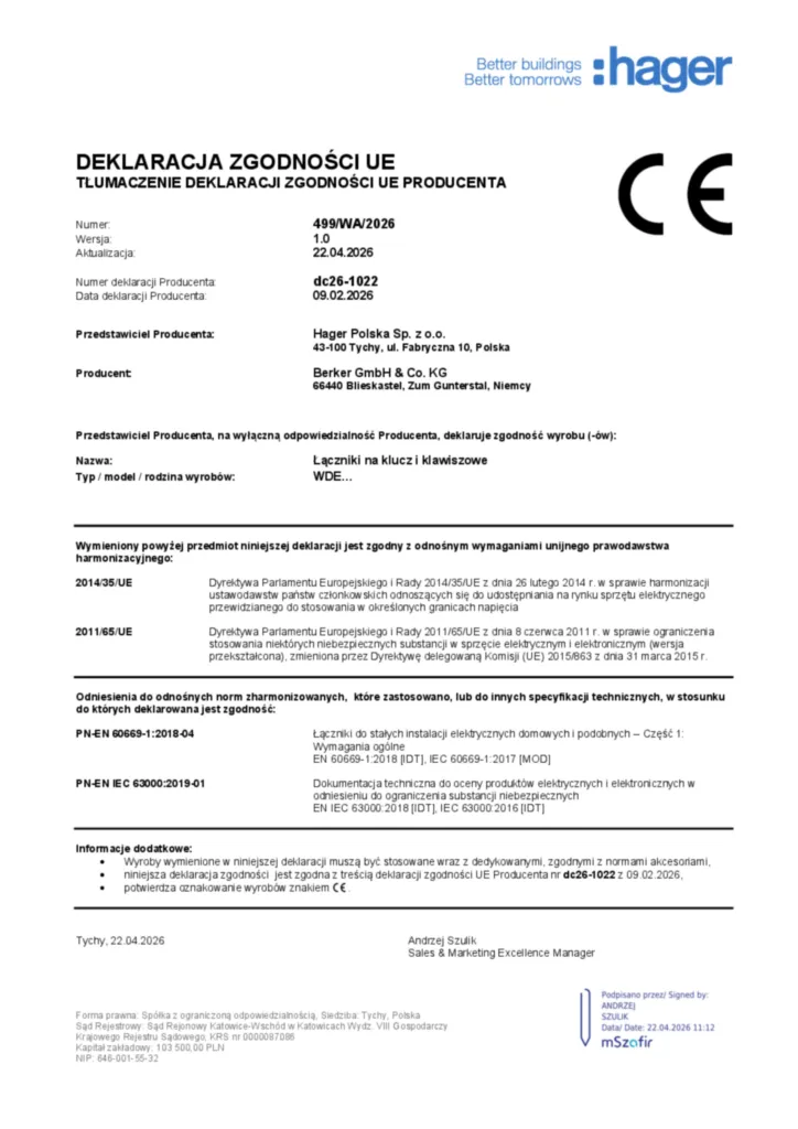 Imagen Declaración de conformidad pl-PL 2026-04-24 | Hager España