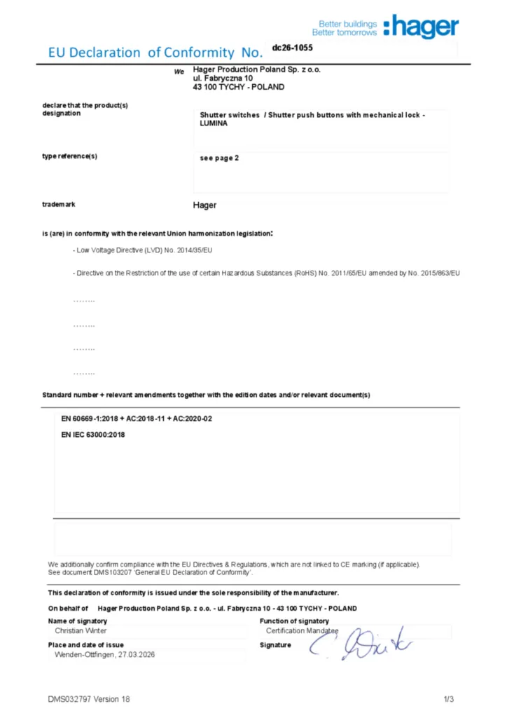 Imagem Declaração de conformidade en-GB 2026-04-27 | Hager Portugal