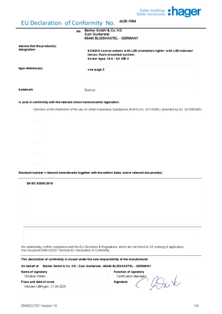 Imagem Declaração de conformidade en-GB 2026-04-27 | Hager Portugal