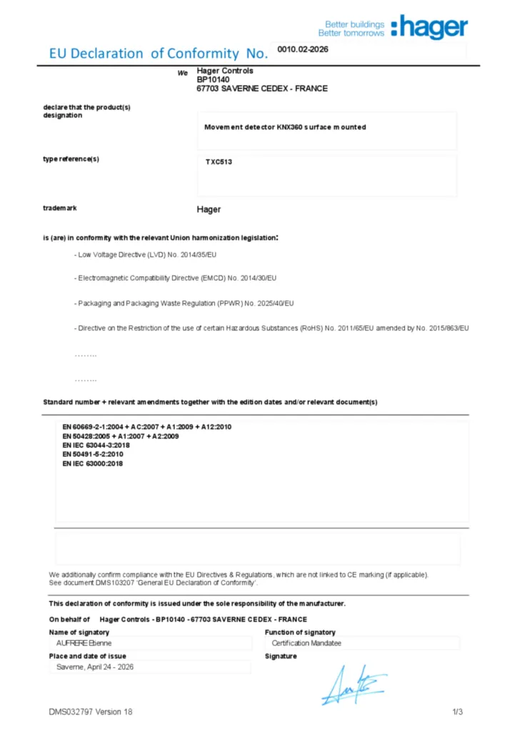 Imagem Declaração de conformidade en-GB 2026-04-27 | Hager Portugal