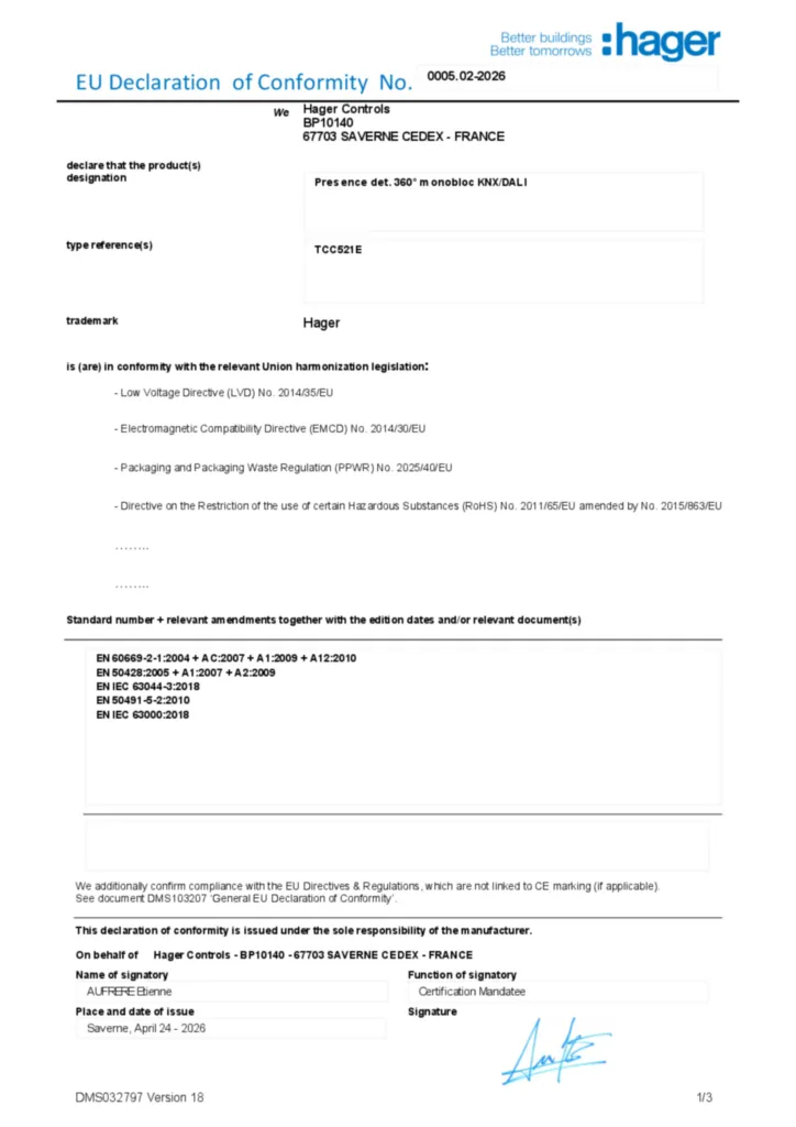 Imagem Declaração de conformidade en-GB 2026-04-27 | Hager Portugal