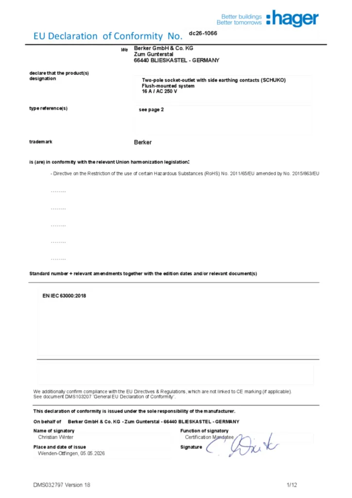 Afbeelding Conformiteitsverklaring en-GB 2026-05-11 | Hager Nederland