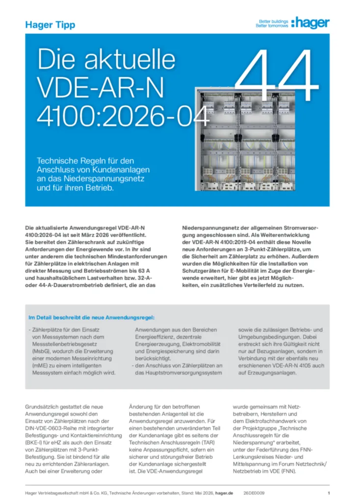 Bild Hager Tipp 44: Die aktu­elle VDE-AR-N 4100:2026-04 | Hager Deutschland