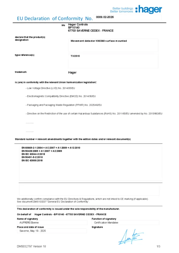 Immagine Dichiarazione di conformità en-GB 2026-05-22 | Hager Italia