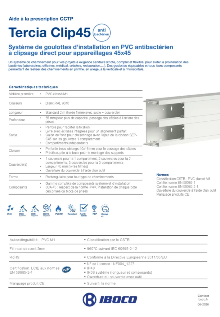 Image Aide à la prescription CCTP - Tercia Clip45 PVC antibactérien | Hager France