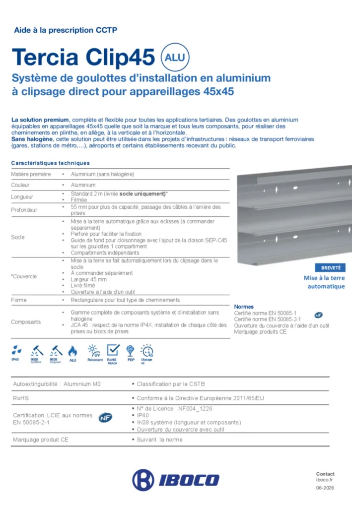 Image Aide à la prescription CCTP - Tercia Clip45 aluminium | Hager France