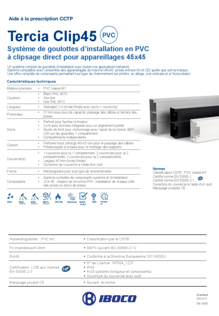 Image Aide à la prescription CCTP - Tercia Clip45 PVC | Hager France