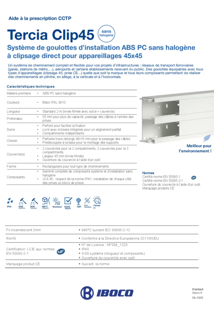 Image Aide à la prescription CCTP - Tercia Clip45 ABS PC sans halogène | Hager France