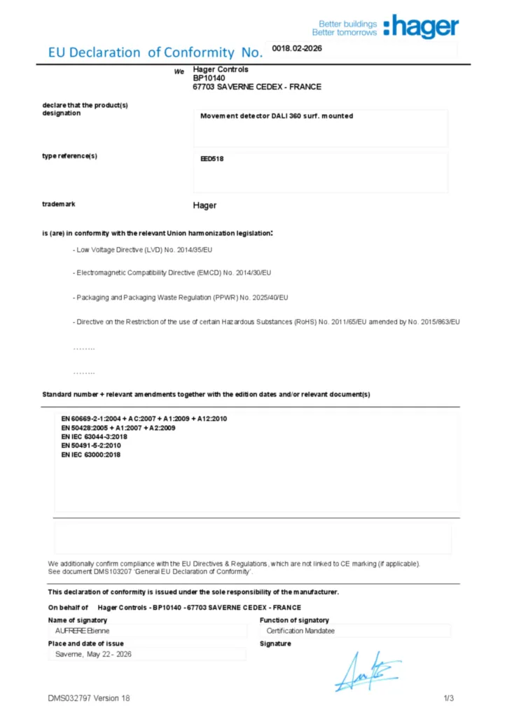 Obrázek Prohlášení o shodě en-GB 2026-06-17 | Hager