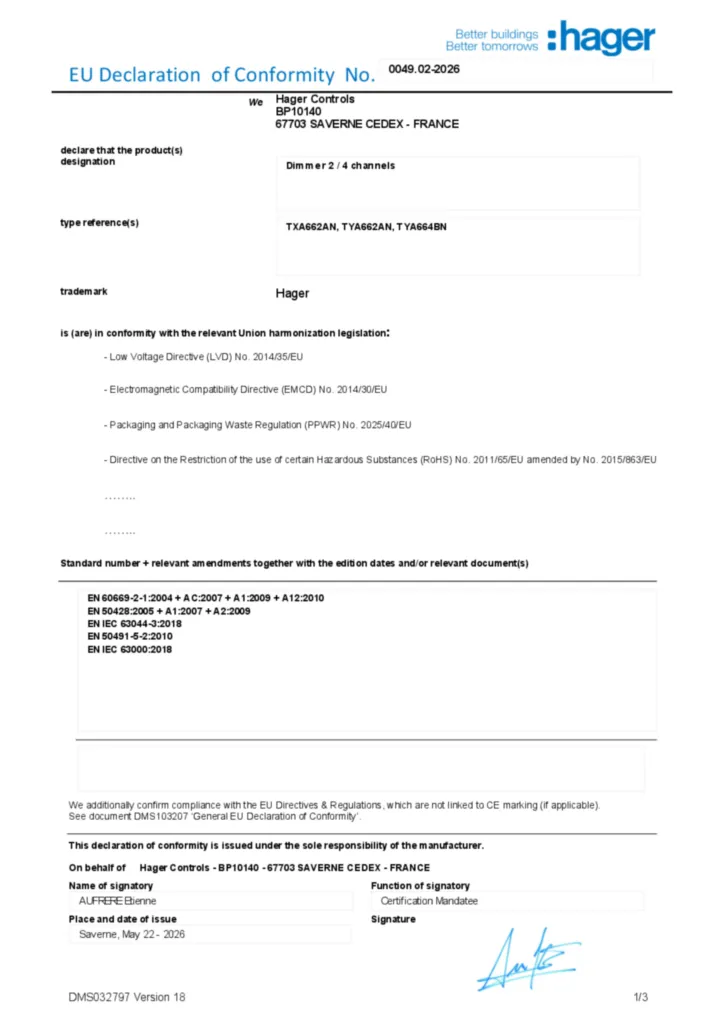 Afbeelding Conformiteitsverklaring en-GB 2026-06-17 | Hager Nederland