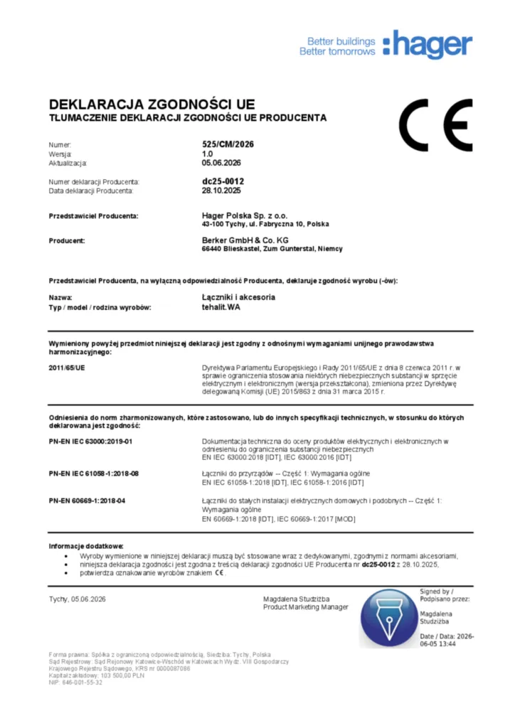 Zdjęcie Dane techniczne - Deklaracja zgodności pl-PL 2026-06-23 | Hager Polska