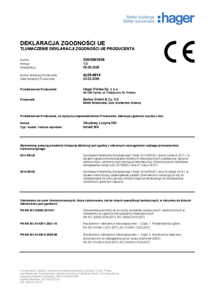 Zdjęcie Dane techniczne - Deklaracja zgodności pl-PL 2026-06-23 | Hager Polska