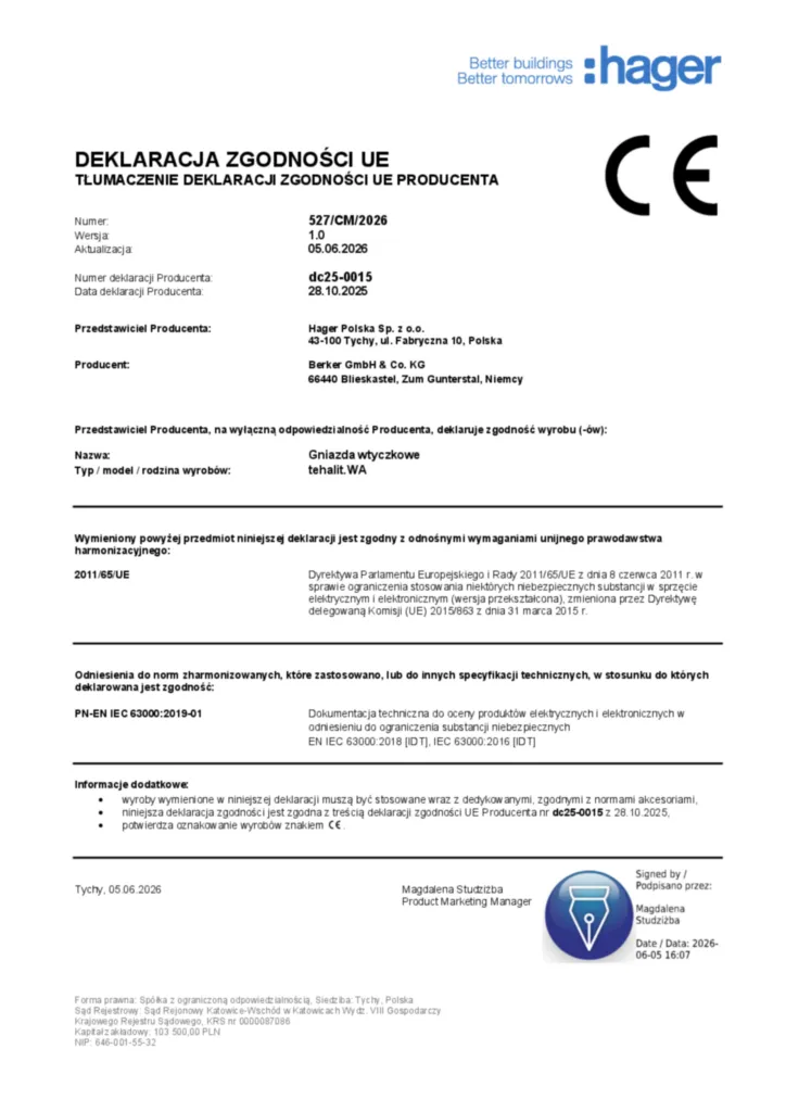 Zdjęcie Dane techniczne - Deklaracja zgodności pl-PL 2026-06-23 | Hager Polska