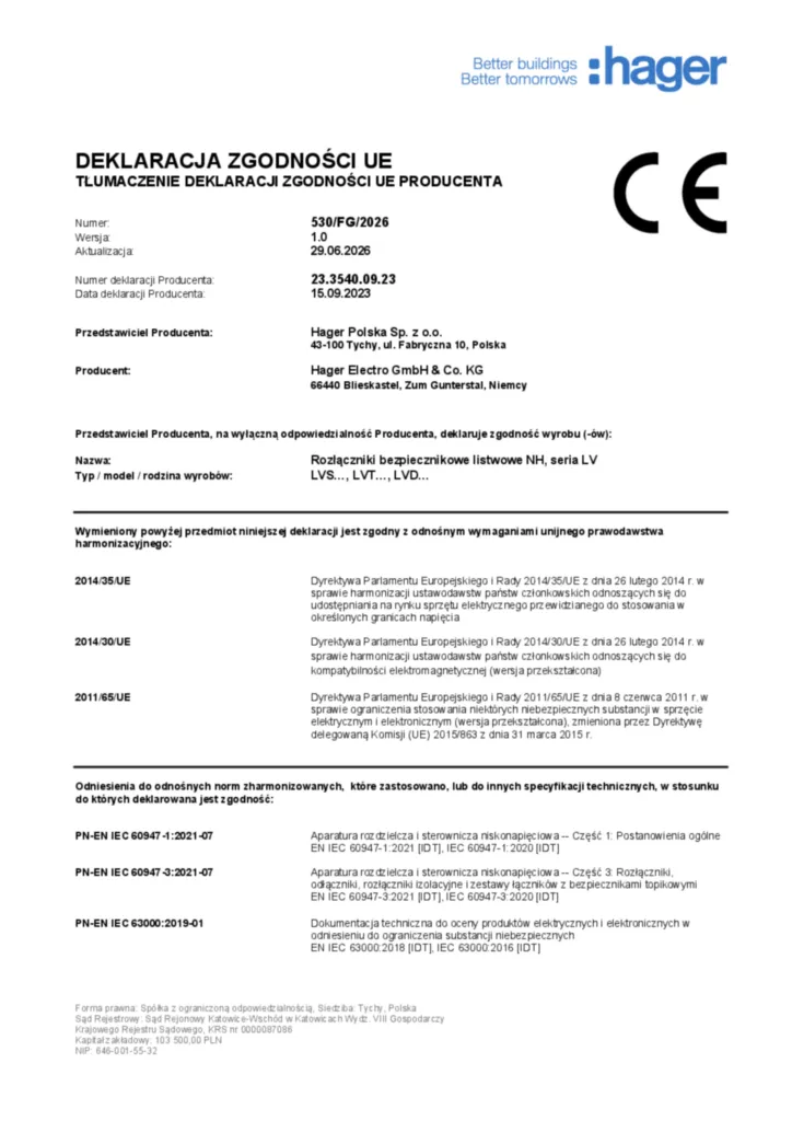 Afbeelding Conformiteitsverklaring pl-PL 2026-06-29 | Hager Nederland