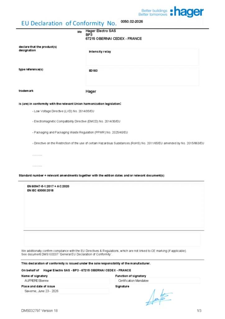 Image EU Declaration of Conformity  | Hager Africa