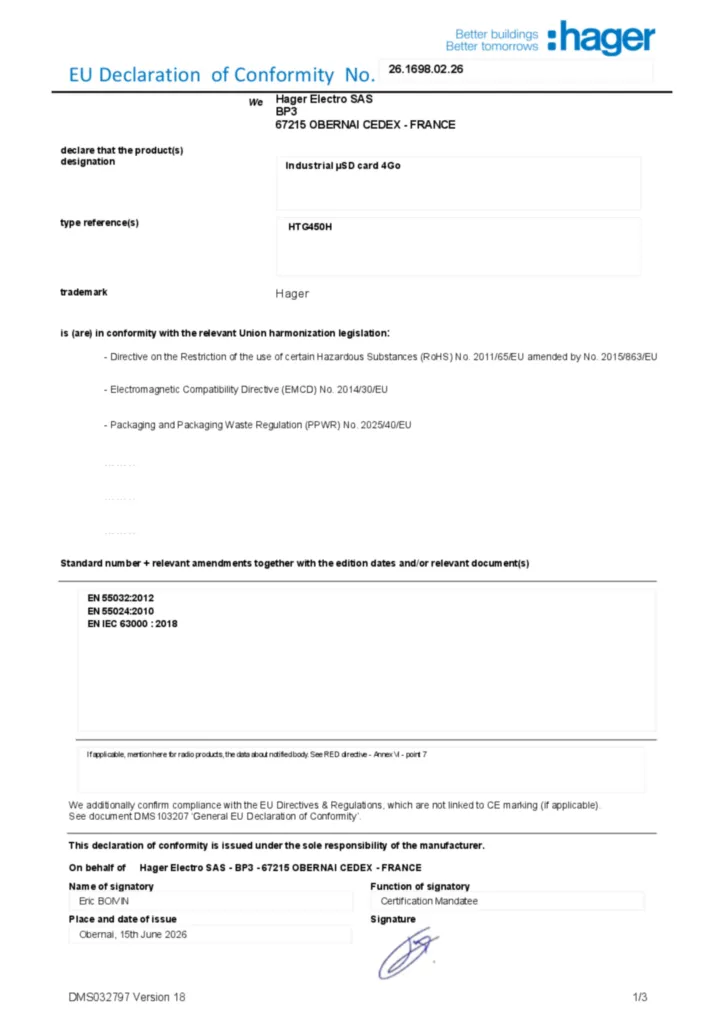 Image Déclaration de conformité en-US 2026-07-14 | Hager Afrique