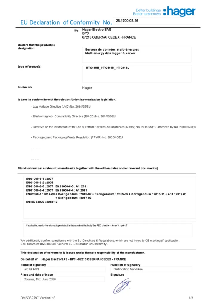 Afbeelding Conformiteitsverklaring en-US 2026-07-14 | Hager Belgium