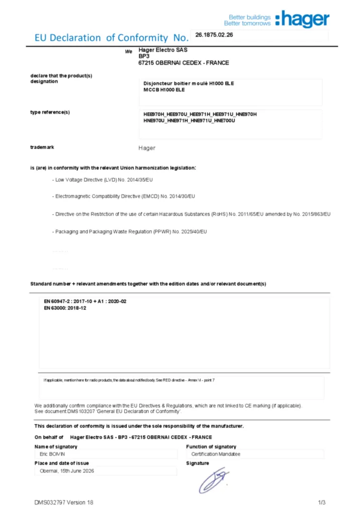 Image Déclaration de conformité en-US 2026-07-14 | Hager Belgique